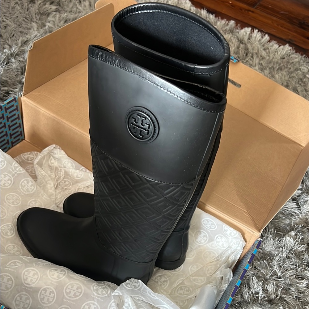 Black Quilted Tory Burch Rain Boots - Picture 3 of 7